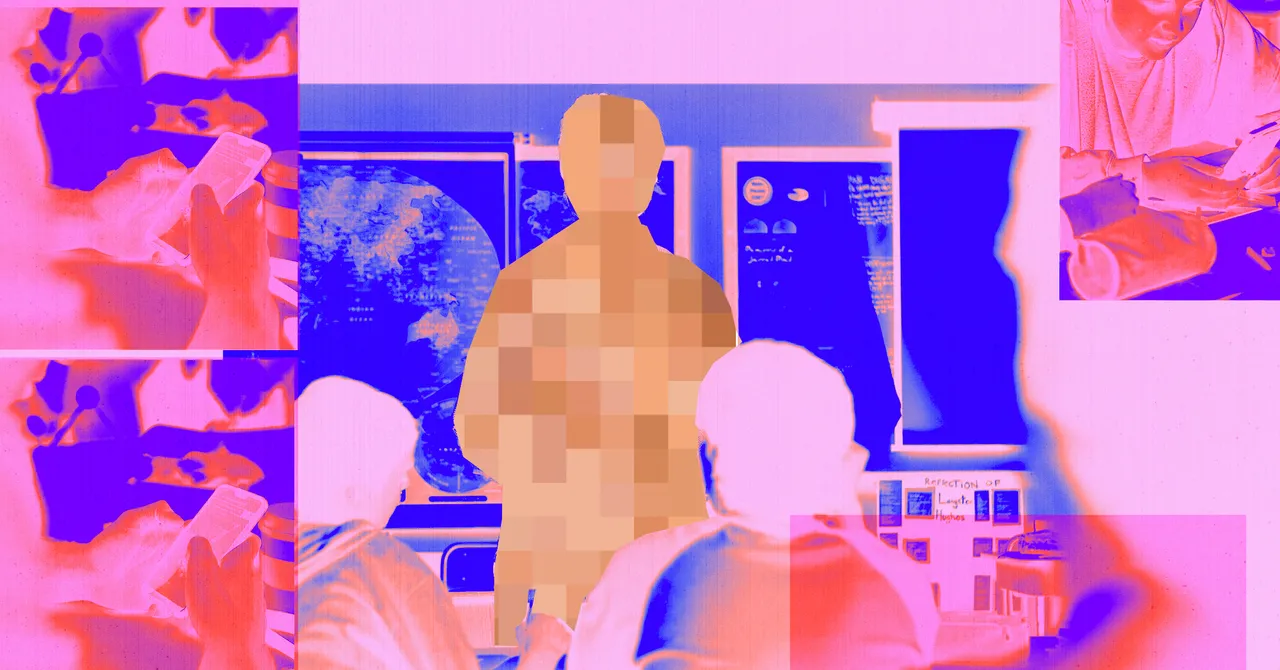 Stylized image of a pixelated figure in a classroom with students, surrounded by collage of hands holding phones.