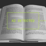 Open book with a highlighted section displaying the text "AI DETECTED" in bold yellow letters.