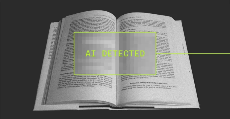 Open book with a highlighted section displaying the text "AI DETECTED" in bold yellow letters.