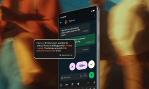 Smartphone screen showing a messaging app with AI dictation tool editing a text message, blurred background.