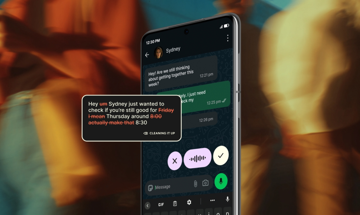 Smartphone screen showing a messaging app with AI dictation tool editing a text message, blurred background.