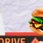 Burger and fries with green text overlay, above a drive-thru sign on a textured white background.
