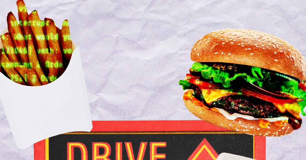 Burger and fries with green text overlay, above a drive-thru sign on a textured white background.