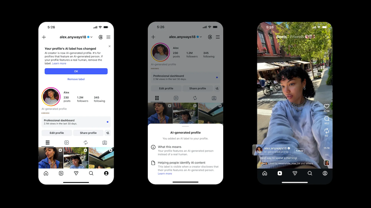 Three phone screens showing an Instagram profile labeled as AI-generated, with posts and a video of a person outdoors.