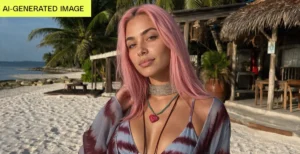 Person with pink hair on a beach wearing a patterned outfit, with palm trees and a thatched hut in the background, labeled...