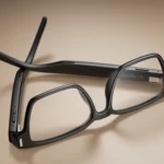 Black smart glasses with rectangular frames and integrated technology, resting on a beige surface.