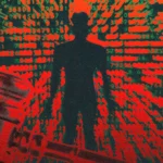 Silhouette of a person surrounded by binary code with a large gavel in the foreground, red and green color scheme