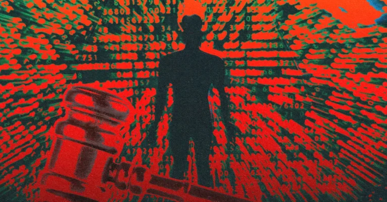 Silhouette of a person surrounded by binary code with a large gavel in the foreground, red and green color scheme