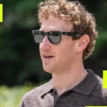 Person wearing sunglasses outdoors, surrounded by abstract yellow squares on a blurred green background.