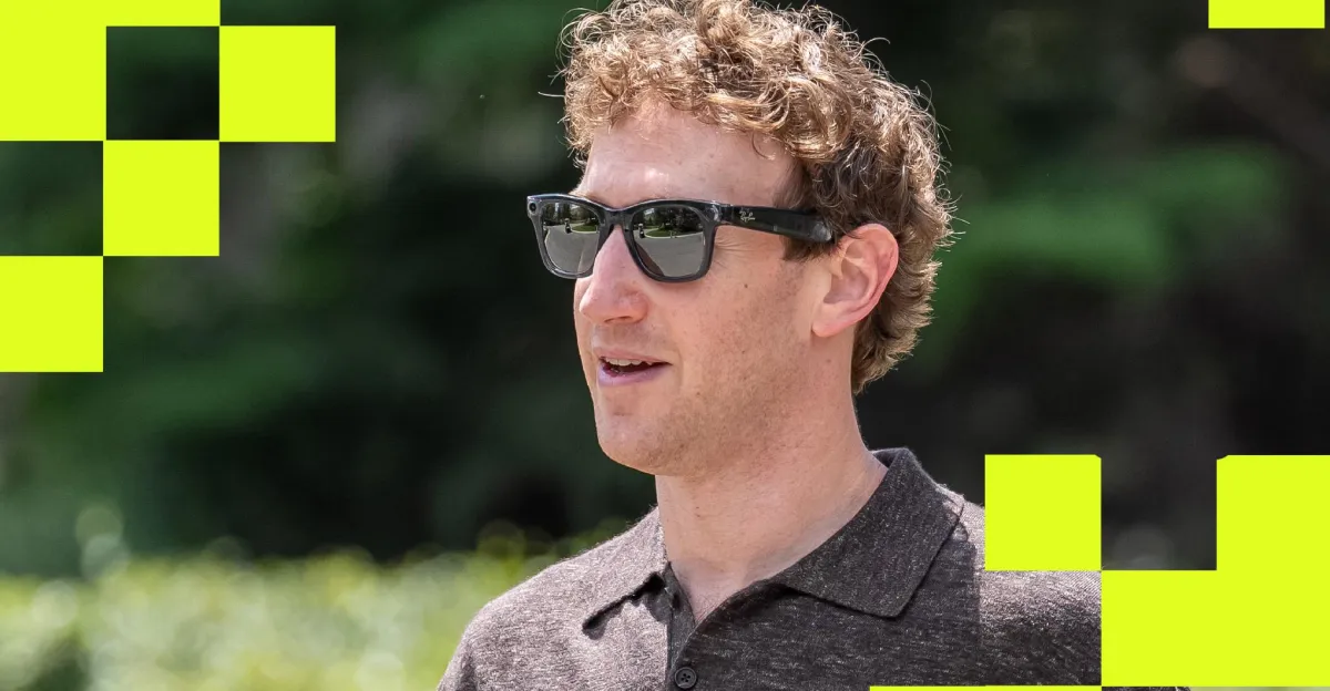 Person wearing sunglasses outdoors, surrounded by abstract yellow squares on a blurred green background.