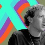 A person speaking with a colorful abstract backdrop featuring intertwined loops on a green background.