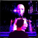Person facing a large screen displaying a humanoid robot in a dark, futuristic setting with pink and purple lighting.