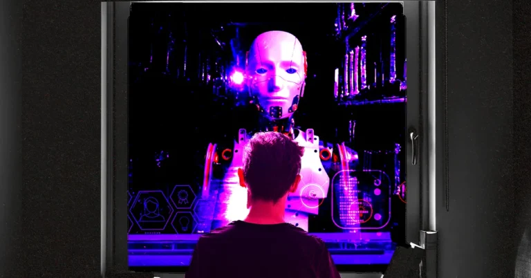 Person facing a large screen displaying a humanoid robot in a dark, futuristic setting with pink and purple lighting.