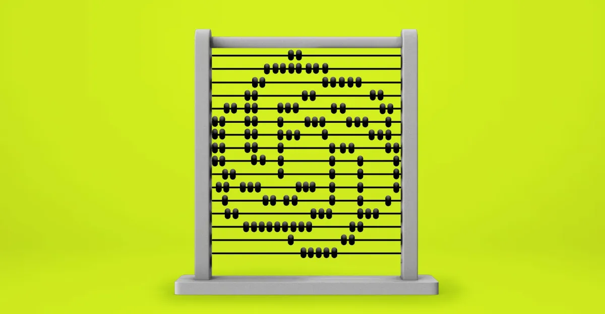 Abacus with black beads arranged in a spiral pattern on a bright yellow background.