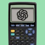 Graphing calculator displaying an AI logo on its screen against a light green background.