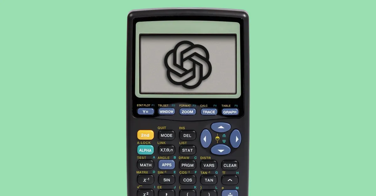 Graphing calculator displaying an AI logo on its screen against a light green background.