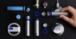 Various Relay-branded devices, including cylinders and discs, displayed on a black surface. A hand holds one device.