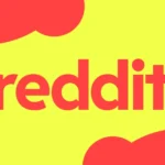 Reddit logo in red on a yellow background with abstract shapes.