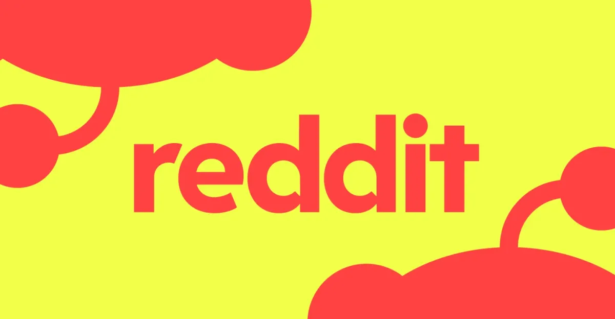 Reddit logo in red on a yellow background with abstract shapes.