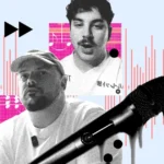 Two men in white shirts with pink audio wave graphics, a dripping microphone, and musical notes in the background.