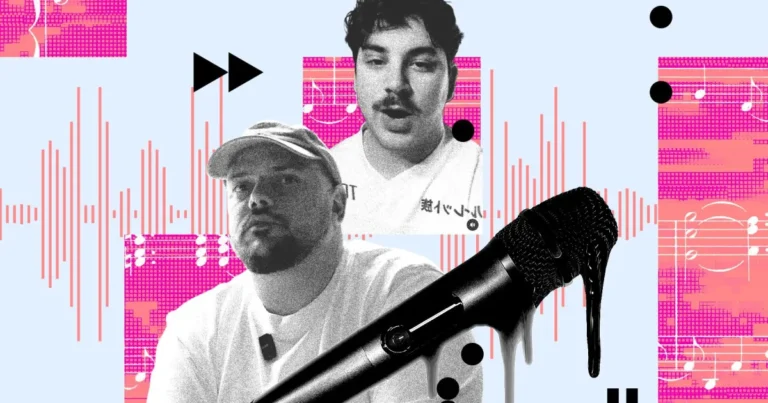 Two men in white shirts with pink audio wave graphics, a dripping microphone, and musical notes in the background.