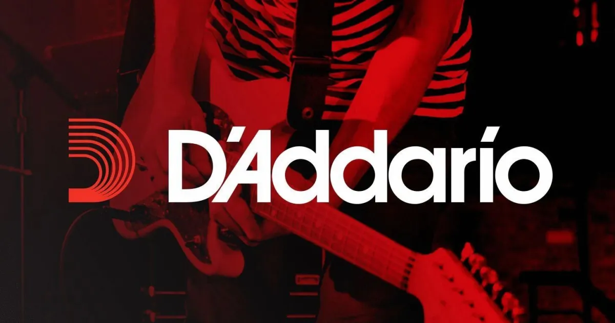 Person in a striped shirt playing guitar, D'Addario logo prominently displayed over the image.