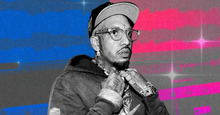Man in a cap and glasses with tattoos, holding a chain, against a colorful background with waveforms and sparkles.