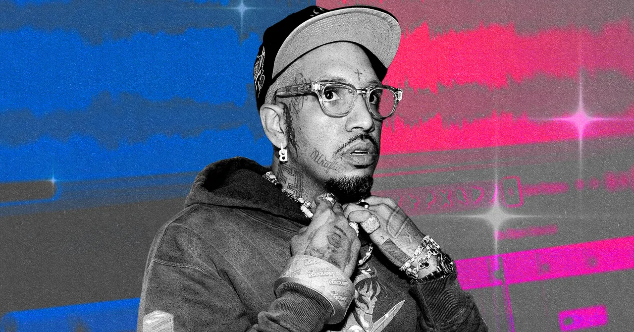 Man in a cap and glasses with tattoos, holding a chain, against a colorful background with waveforms and sparkles.