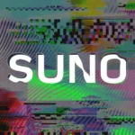The word "Suno" is displayed in white on a colorful, glitchy digital background.