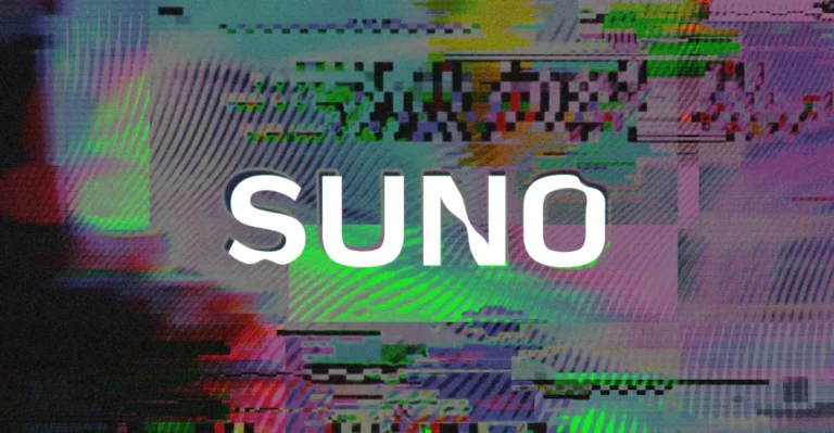 The word "Suno" is displayed in white on a colorful, glitchy digital background.