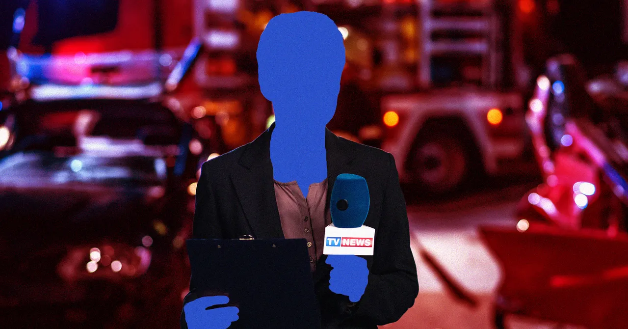 Silhouetted figure holds TV News microphone and clipboard, background of blurred emergency vehicles with red and blue lights.