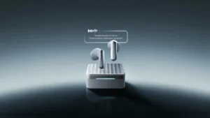 Two earbuds hover above a charging case with text bubble: "Understood and done. Email drafted. Calendar updated.