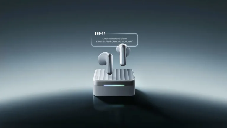 Two earbuds hover above a charging case with text bubble: "Understood and done. Email drafted. Calendar updated.