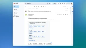 Gmail interface showing an email from Callie at Calendly with meeting time options for scheduling.