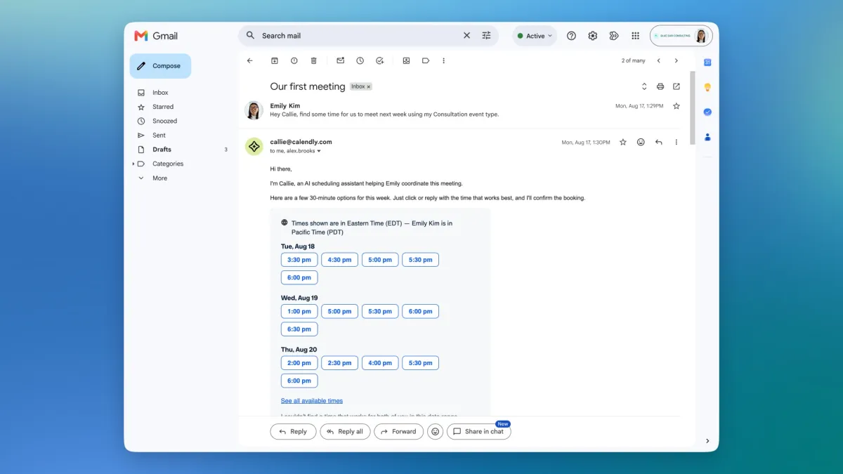 Gmail interface showing an email from Callie at Calendly with meeting time options for scheduling.