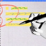 Robot hand holding a pen over a notepad with scribbles and highlights, abstract background with pink lines and grid pattern.