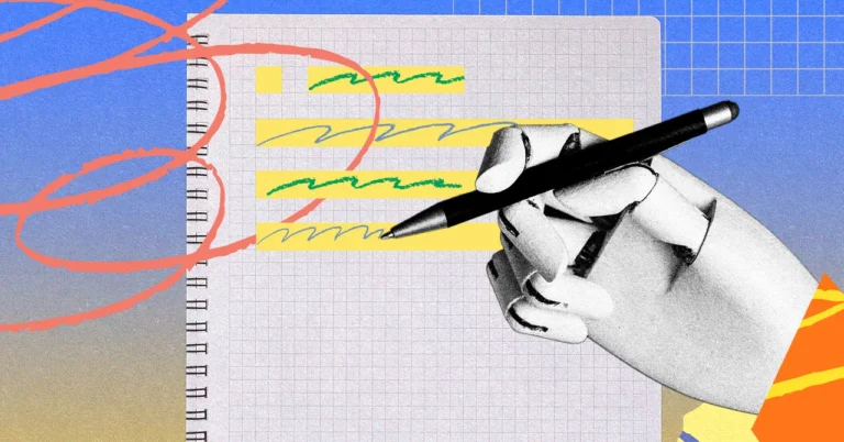 Robot hand holding a pen over a notepad with scribbles and highlights, abstract background with pink lines and grid pattern.