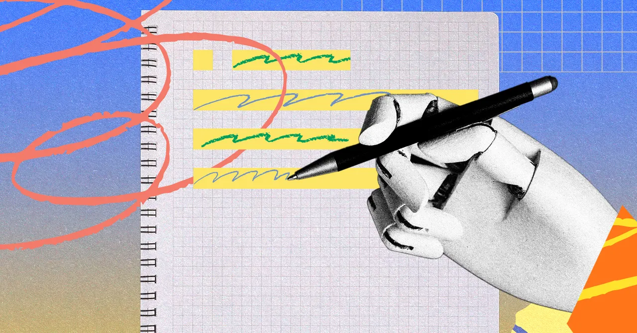 Robot hand holding a pen over a notepad with scribbles and highlights, abstract background with pink lines and grid pattern.