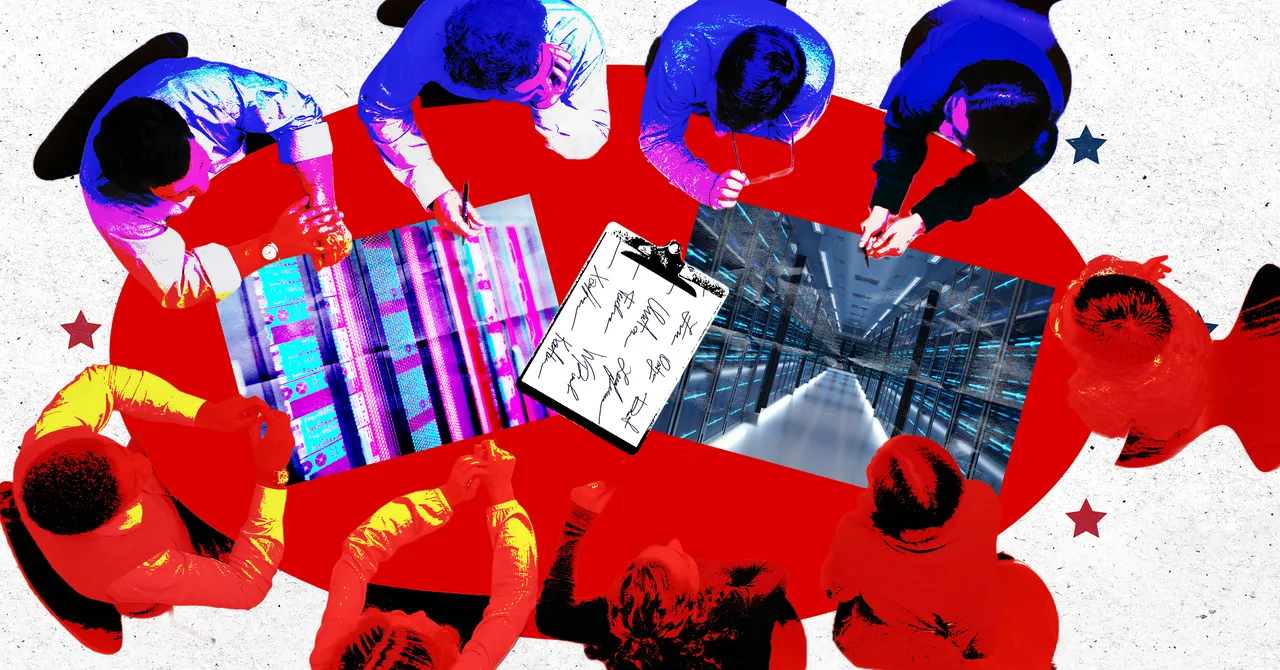 Eight people sitting around a red table with a clipboard and data center images, discussing.