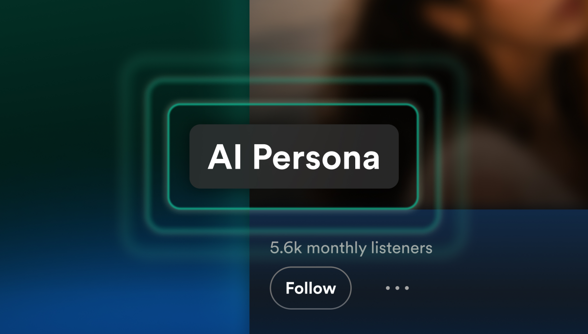 AI Persona label with glowing effect, 5.6k monthly listeners text, and follow button on a dark gradient background.
