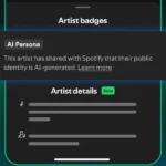 Spotify interface showing "AI Persona" badge with text about AI-generated artist identity and "Artist details" in beta.