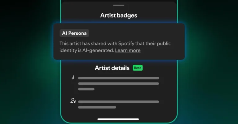 Spotify interface showing "AI Persona" badge with text about AI-generated artist identity and "Artist details" in beta.