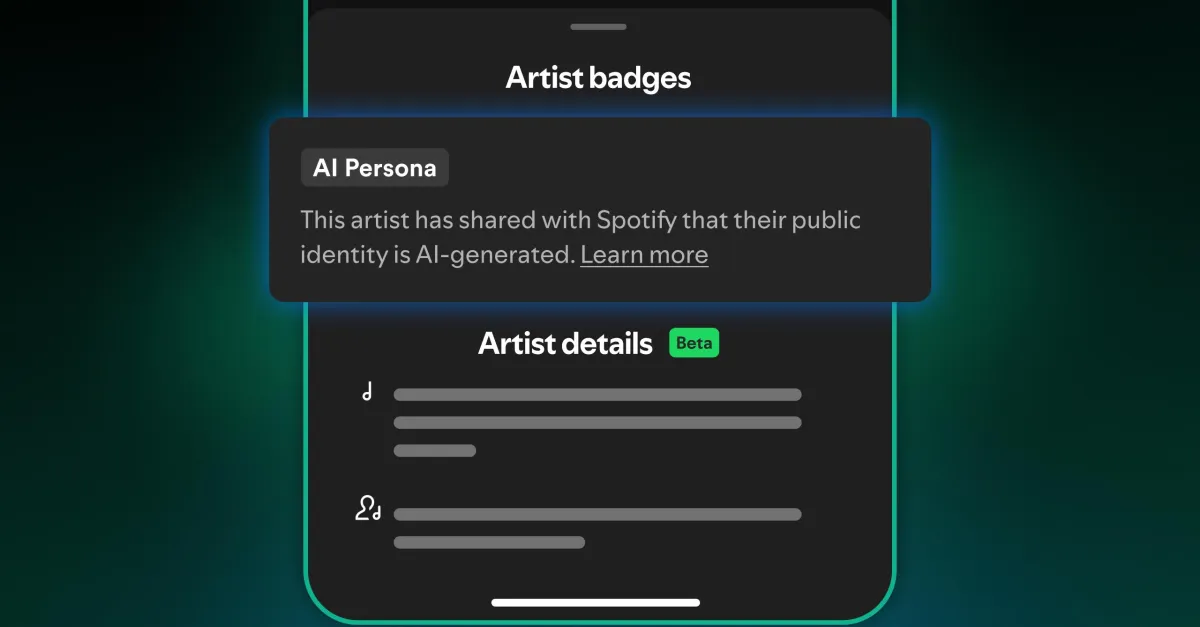 Spotify interface showing "AI Persona" badge with text about AI-generated artist identity and "Artist details" in beta.