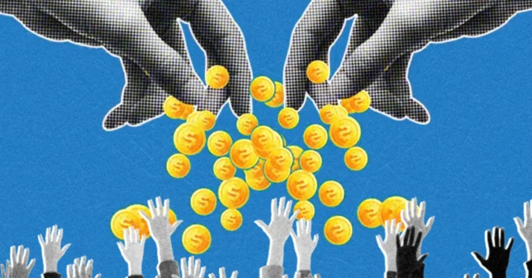Large hands dropping coins onto reaching hands, blue background.