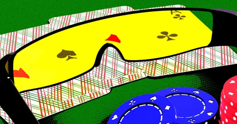 Yellow glasses with playing card symbols, plaid background, poker chips on green surface.
