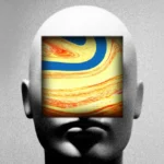 Bald mannequin head with a colorful, abstract pattern inset on the face, resembling swirling paint.