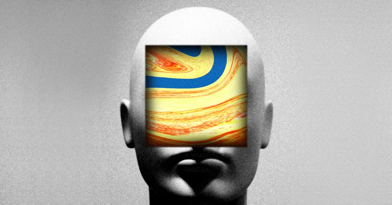 Bald mannequin head with a colorful, abstract pattern inset on the face, resembling swirling paint.