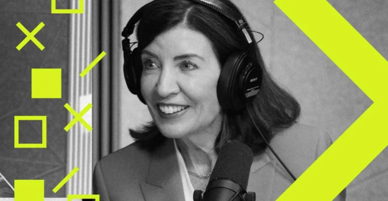 Woman in headphones speaking into a microphone, geometric yellow shapes overlayed, grayscale image.