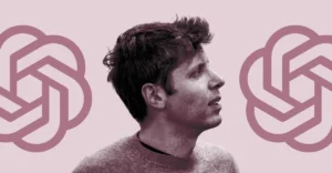 Man in profile on pink background with OpenAI logos on both sides.
