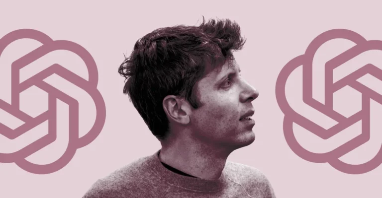 Man in profile on pink background with OpenAI logos on both sides.